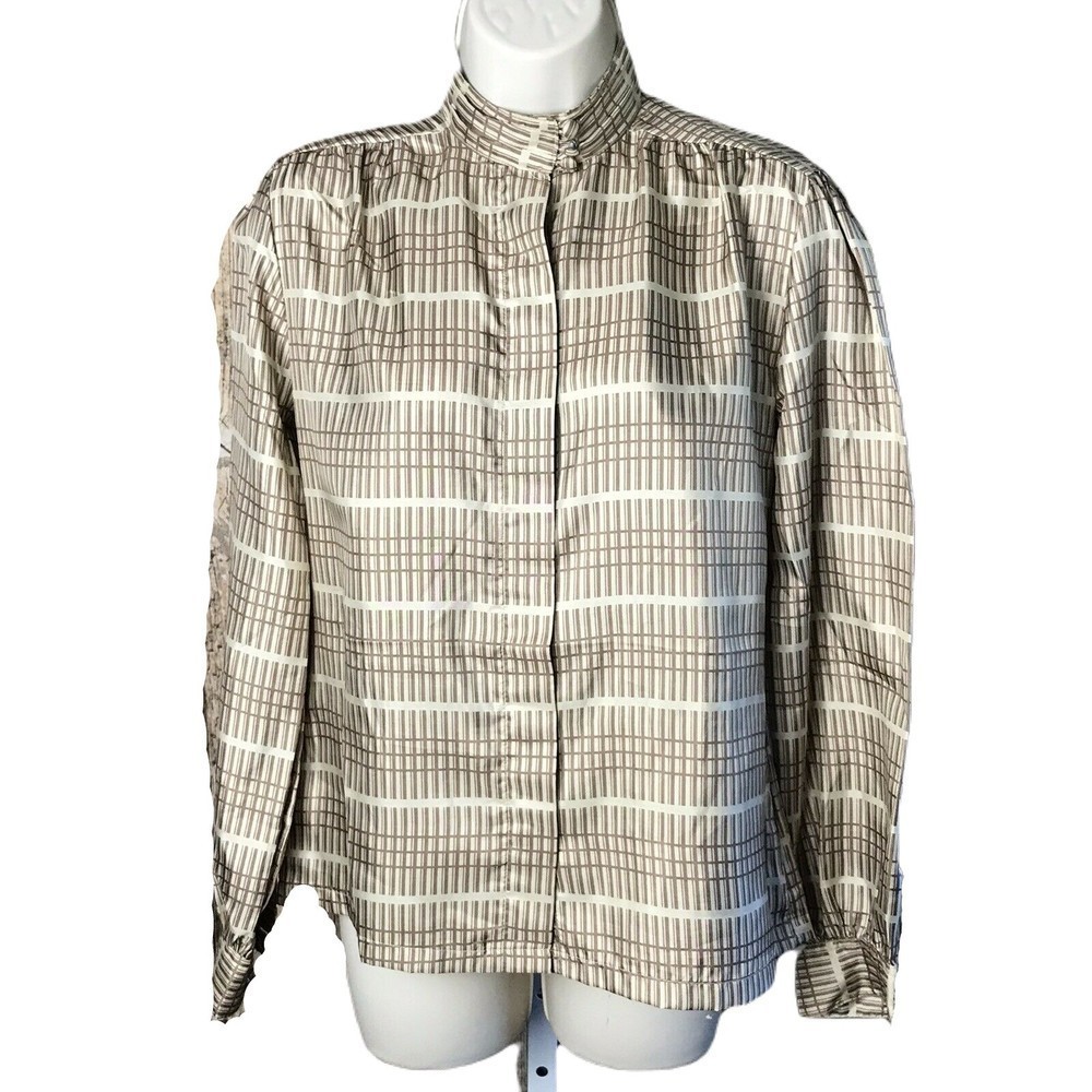 Shapely Vintage Button Up High Neck Blouse Shirt ~ Sz 8 ~ Beige ~ Long Sleeve